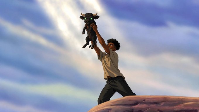An animated-style illustration of a young boy holding up a small black calf with glowing green eyes against a bright, cloudy sky.