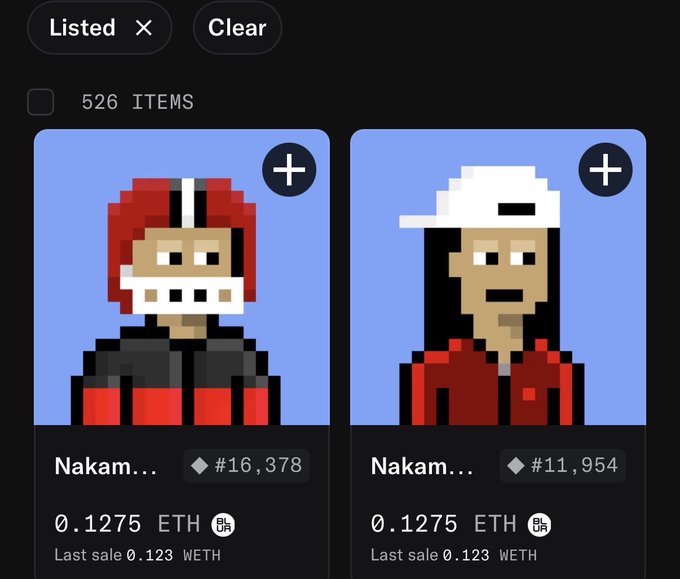 NFT marketplace interface showing two pixel-art 'Nakam...' CryptoPunks listed for 0.1275 ETH each (#16,378 and #11,954).