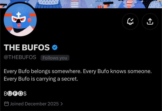 A Twitter/X profile for 'THE BUFOS' (@THEBUFOS) featuring a bufo (toad) character wearing a crown, with the bio: 'Every Bufo belongs somewhere. Every Bufo knows someone. Every Bufo is carrying a secret.'