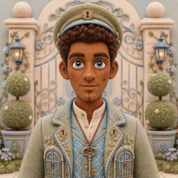 A 3D-rendered character of a young man with curly brown hair, wearing an ornate teal and gold uniform and a matching cap, stands before an elegant garden gate adorned with topiaries and lanterns.