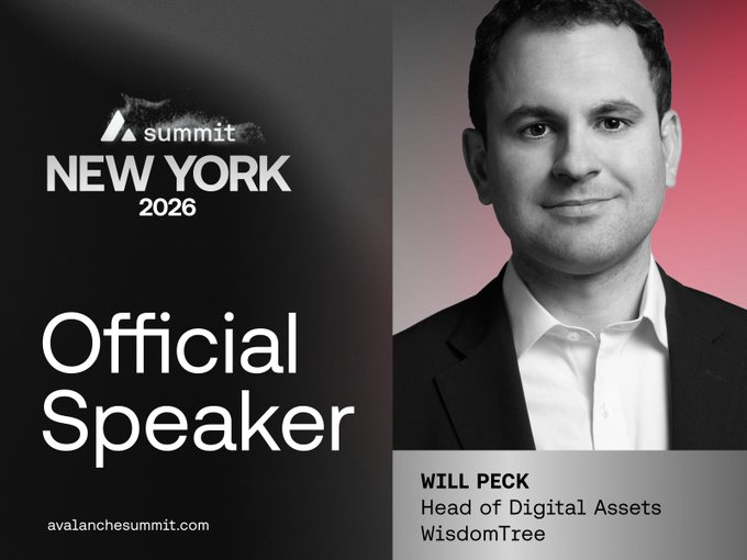 Promotional graphic announcing Will Peck, Head of Digital Assets at WisdomTree, as an Official Speaker at the Avalanche Summit New York 2026 (avalanchesummit.com).