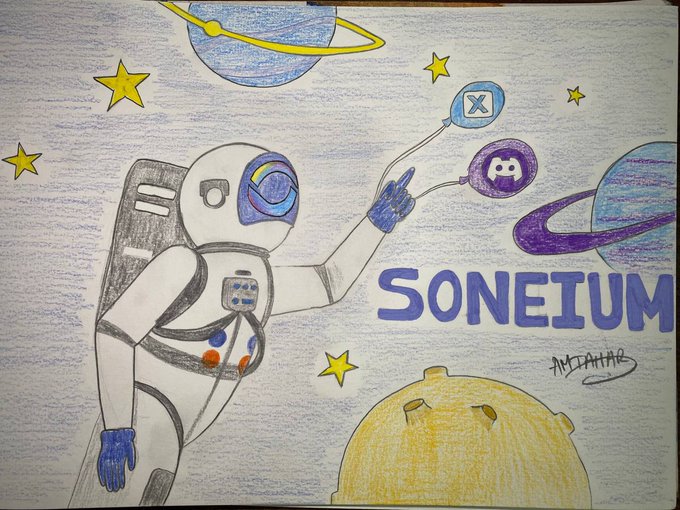 A hand-drawn coloring artwork depicting an astronaut in space with planets, stars, and balloons bearing logos, with the word 'SONEIUM' written prominently on the right side.