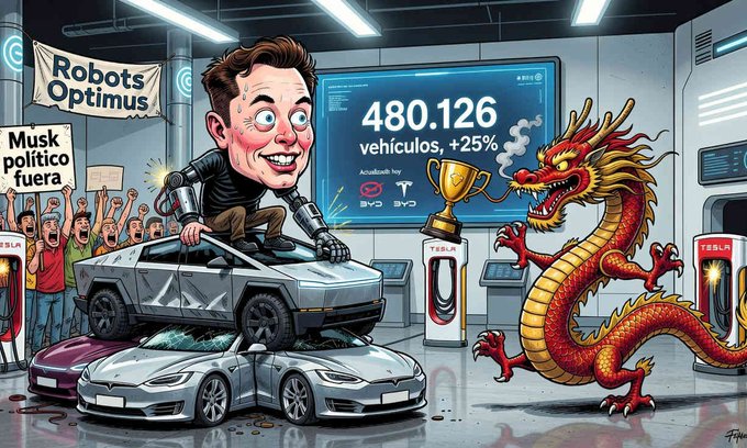 A satirical cartoon depicts Elon Musk with a robotic arm standing on Tesla cars, with signs reading 'Robots Optimus' and 'Musk político fuera,' alongside a Chinese dragon and a screen displaying '480.126 vehículos, +25%'.