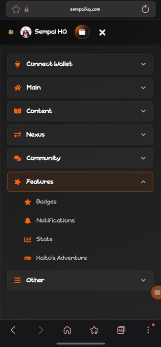A mobile screenshot displays the navigation menu for 'sempaihq.com' under the profile 'Sempai HQ', showing options like 'Connect Wallet', 'Main', and an expanded 'Features' section.