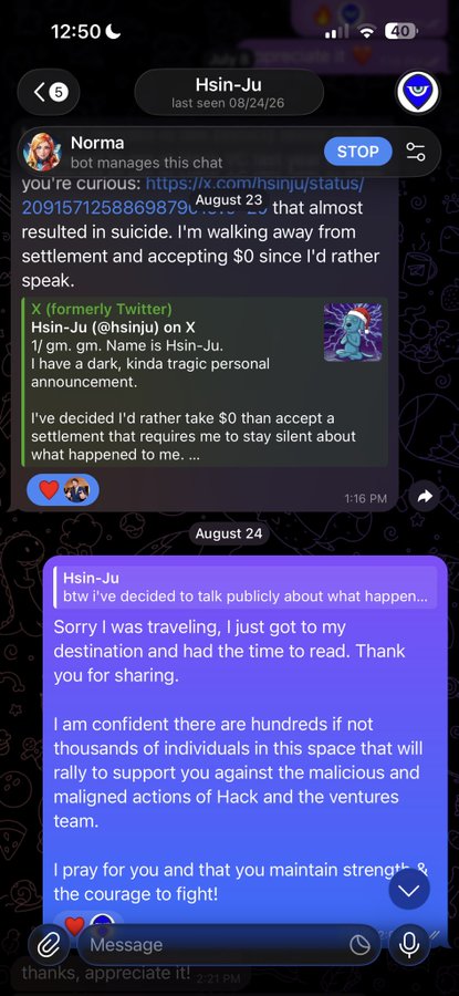 A Telegram chat with 'Hsin-Ju' containing messages about going public with a personal incident, referencing an X/Twitter post and support from 'Norma' against 'Hack and the ventures team'.