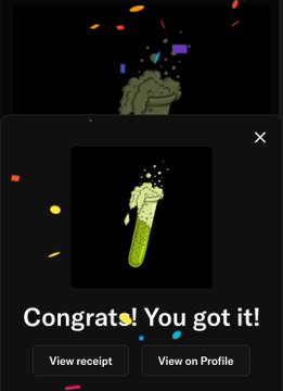 Confetti animation surrounds an illustration of a overflowing green cup with the text 'Congrats! You got it!' and buttons to 'View receipt' and 'View on Profile.'