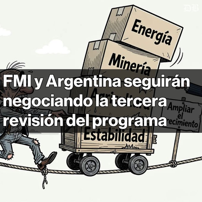 A political cartoon in Spanish showing a sweating man pushing a cart loaded with boxes labeled 'Energía', 'Minería', and 'Estabilidad', with text reading 'FMI y Argentina seguirán negociando la tercera revisión del programa'.