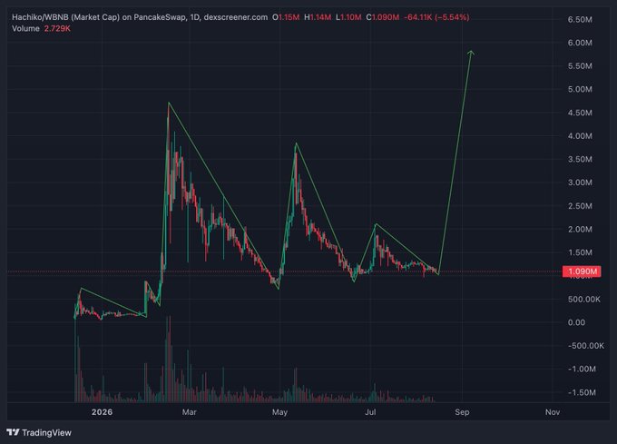 A TradingView candlestick chart of Hachiko/WBNB on PancakeSwap, showing an annotated price pattern with peaks and troughs from early 2026 through November, with the price rising sharply at the end.