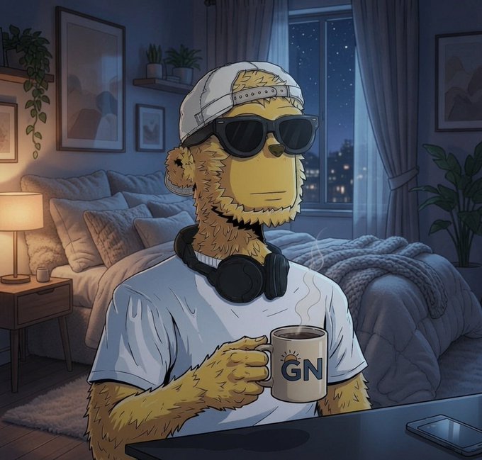 Illustration of a yellow bear-like character wearing a white backward cap, sunglasses, and headphones around his neck, holding a mug labeled 'GN' while sitting at a desk in a cozy bedroom at night.