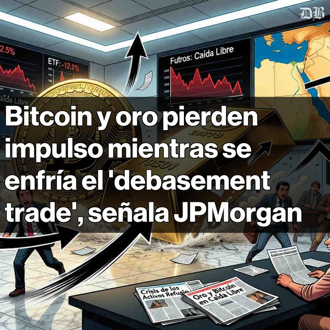 The image depicts a graphic with the title "Bitcoin y oro pierden impulso mientras se enfría el 'debasement trade' enfriacia el ... de CME." The scene shows an office, possibly in the European Securities and Markets Authority's (ESMA) jurisdiction. It features people sitting at a table surrounded by various documents and papers.
In the middle of the image there is a large Bitcoin symbol positioned on top left corner with an arrow pointing to it indicating that Bitcoin was a significant topic or event. The text in the image further supports this idea, discussing how Bitcoin might have been involved in an illegal activity or operation, possibly related to banks and money laundering activities.
