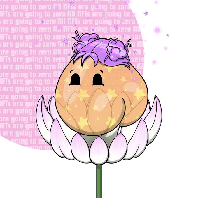 A cute cartoon pumpkin character with purple hair sits atop a lotus flower against a pink background featuring repeated text reading "All NFTs are going to zero." The whimsical, hopeful artwork appears to promote the "CHEECKY X WFC" collaboration, contrasting the optimistic character imagery with the nihilistic background text.