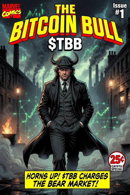 A comic book style cover titled 'THE BITCOIN BULL $TBB' depicts a stern man in a suit and horned helmet standing in a smoky industrial setting, with text 'HORNS UP! $TBB CHARGES THE BEAR MARKET!' and a '25¢ CRYPTO SPECIAL' badge.