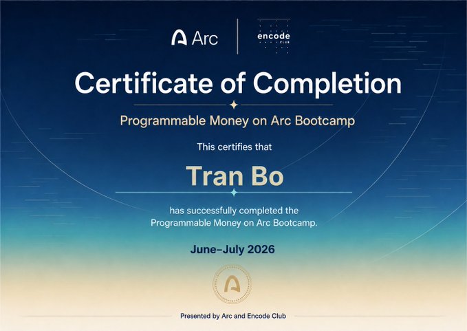 A 'Certificate of Completion' from Arc and Encode Club for the 'Programmable Money on Arc Bootcamp' awarded to 'Tran Bo' for June-July 2026.