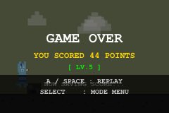 A retro-style pixel art 'GAME OVER' screen with pixelated clouds in the background, showing the player scored 44 points at Level 5, with instructions: 'A / SPACE: REPLAY, SELECT: MODE MENU'.