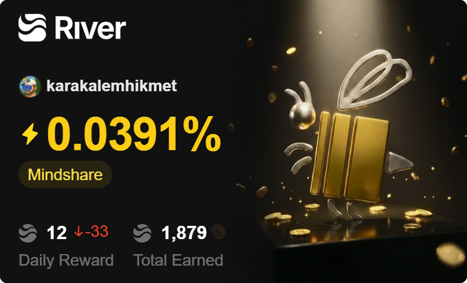 River platform stats page for user 'karakalemhikmet' showing 0.0391% Mindshare, with 12 daily reward and 1,879 total earned, featuring a 3D golden coin character.