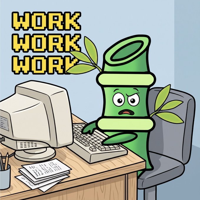 A cartoon illustration of an angry bamboo character working at a computer, with the text 'WORK WORK WORK' displayed above.