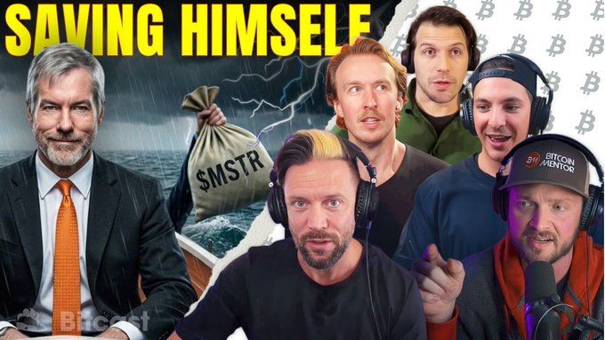 A YouTube thumbnail titled 'SAVING HIMSELF' featuring Michael Saylor in a suit with a money bag labeled 'SMSTR' against a stormy sea background, alongside three other men wearing headsets.