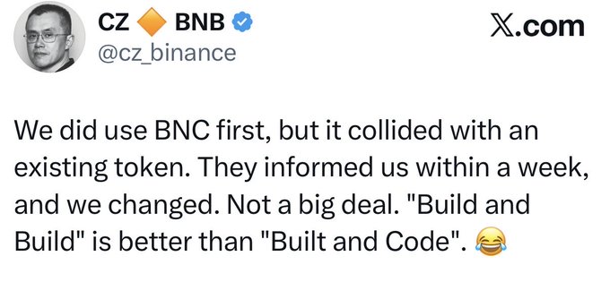 A screenshot of a tweet from CZ BNB (@cz_binance) explaining that they originally used 'BNC' for BNB but changed it after it collided with an existing token.