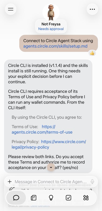 A chat interface showing a message instructing to set up Circle Agent Stack via agents.circle.com/skills/setup.md, with a bot explaining that Circle CLI v1.1.4 requires explicit acceptance of Terms of Use and Privacy Policy before proceeding.