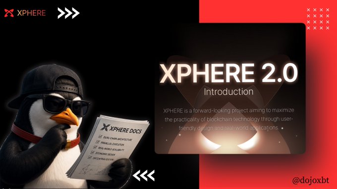 A promotional graphic for 'XPHERE 2.0 Introduction' featuring a penguin wearing sunglasses and reading 'XPHERE DOCS,' describing it as a forward-looking project maximizing blockchain practicality through user-friendly design.
