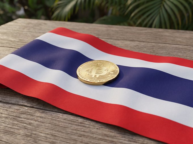 A physical Bitcoin token resting on a Thai flag placed on a wooden surface.
