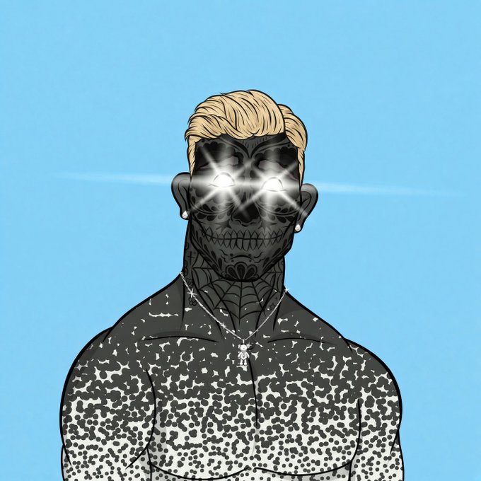 A digital drawing shows a blonde, muscular figure with black skin and a skull-like face, whose eyes emit bright white star-shaped beams against a blue sky.