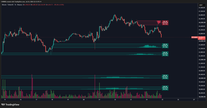 A TradingView chart of Bitcoin (BTC/USD) on Coinbase, dated July 24, 2024, shows the price action declining toward a notable buy wall (indicated by green volume profiles) around the $63.6k support level, with a recent intraday high of $66,059.55 highlighted by a red annotation on the right side of the chart.