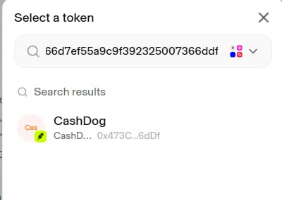 A wallet interface shows a token selection menu with the search bar containing the contract address "66d7ef55a9c9f392325007366ddf..." and the search result displaying "CashDog" with address "0x473C...6dDf," confirming the project's verified token identity.