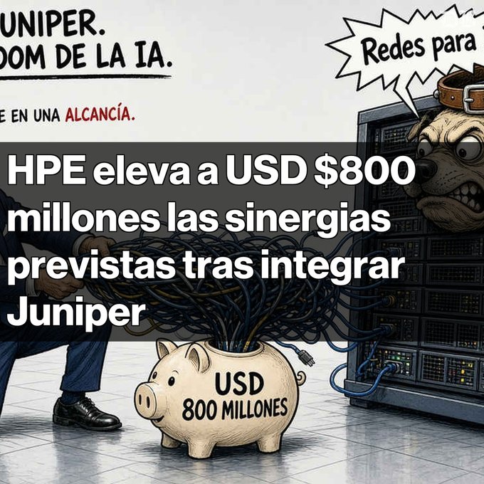 A Spanish-language article graphic about HPE raising synergies to USD $800 million after integrating Juniper, showing an illustration of cables going into a piggy bank labeled 'USD 800 MILLONES'.