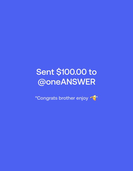 A blue screen shows a $100.00 payment notification sent to "@oneANSWER" with the message "Congrats brother enjoy 🤞". This serves as proof for the poster's claim of randomly sending $100 to someone who signed up for FOMO under their referral link.
