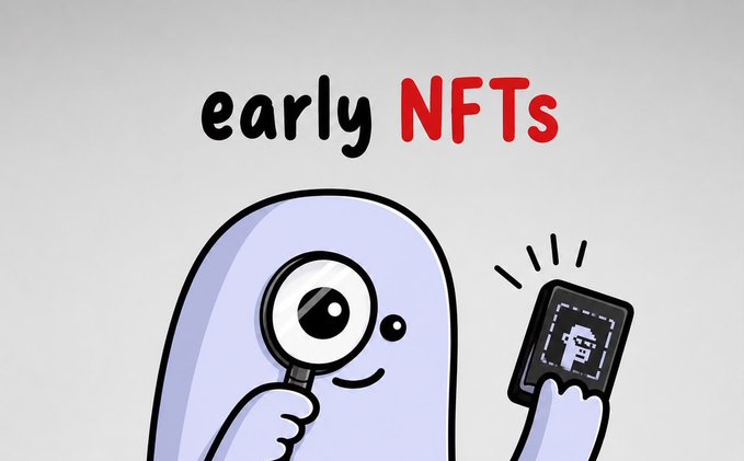 A light purple cartoon character with a single large eye holds a magnifying glass while examining a smartphone displaying a pixelated portrait, beneath the bold text "early NFTs" in black and red lettering. The image visually reinforces the post's theme of discovering and researching upcoming NFT projects on Arc, with the character symbolizing the "early" investigative search the tweet encourages viewers to conduct on the listed collections.