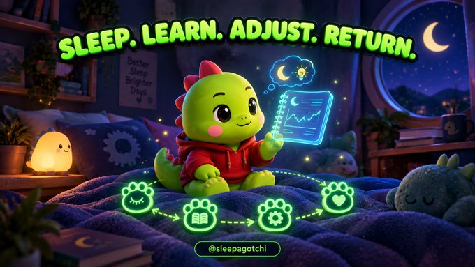 A colorful cartoon illustration of a green dinosaur character on a bed at night with the text 'SLEEP. LEARN. ADJUST. RETURN.' and the handle '@sleepagotchi' displayed below.