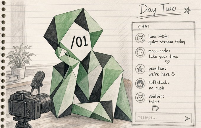 A hand-drawn notebook-style illustration featuring a geometric green and black faceted figure with '/01' on it, alongside a camera setup and a chat window titled 'Day Two' with supportive messages.
