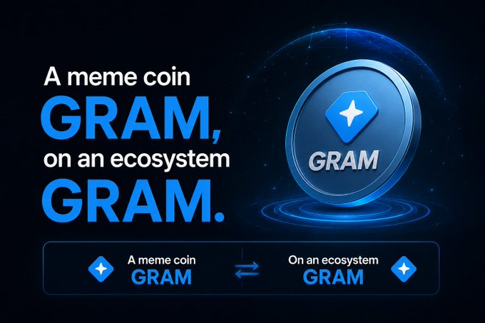 The image features a blue coin with the word "gram" written on it, surrounded by stars. The text above the coin reads "A meme coin on an ecosystem Gram." Below the coin, there are two options for the user to choose from - either they can flip the coin or spin the wheel. The coin is placed in the center of a blue background with white stars surrounding it.