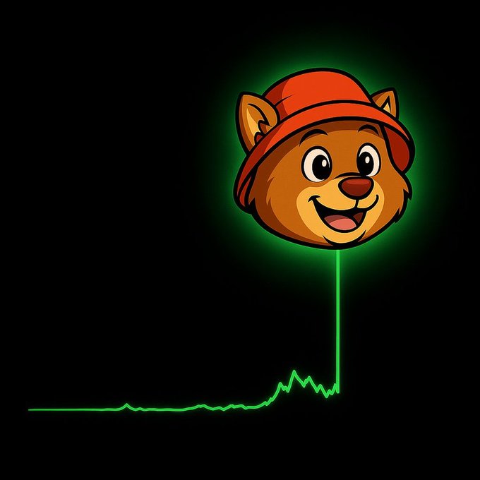 A stylized cartoon bear logo wearing a red hat, glowing with a green outline, connected to a green line graph that spikes upward at the bottom against a black background.