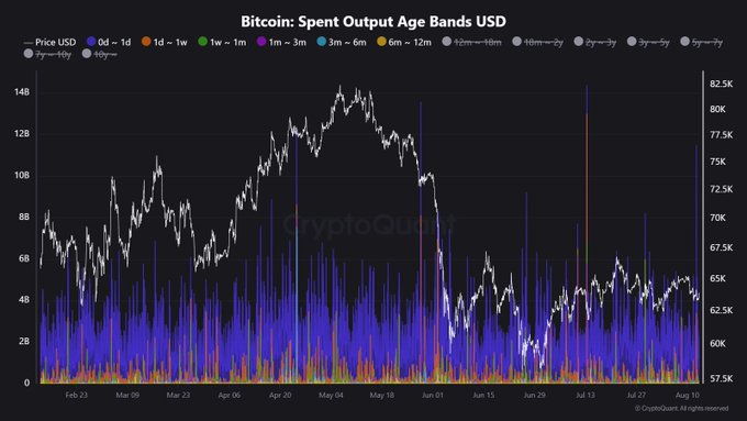 A CryptoQuant chart titled "Bitcoin: Spent Output Age Bands USD" shows a sharp purple spike on July 13 representing short-term holders moving roughly $11.4 billion in a single day, correlating with a drop in Bitcoin's price (white line) from above $65K to around $60K.