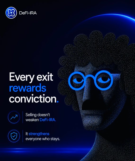 A promotional advertisement for DeFi-IRA featuring a 3D rendered figure with curly hair and round blue glasses, with the tagline 'Every exit rewards conviction.'