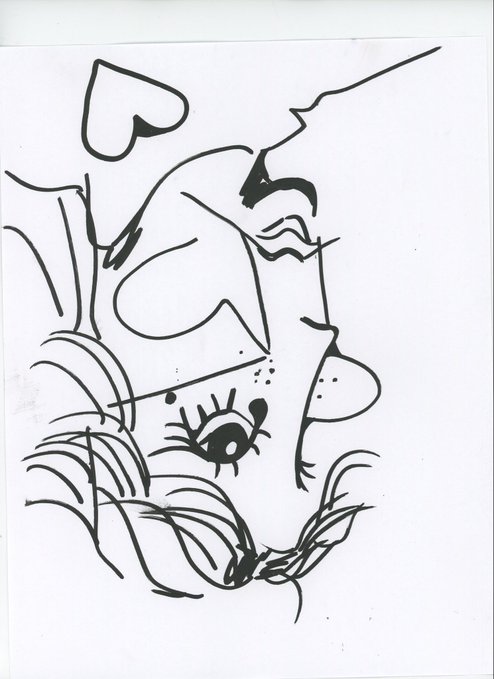 A black and white ink line drawing depicting an abstract cubist-style portrait featuring fragmented facial features, including an eye with lashes, flowing hair-like lines, and stylized heart and mouth shapes. The artwork has no visible text or numbers.