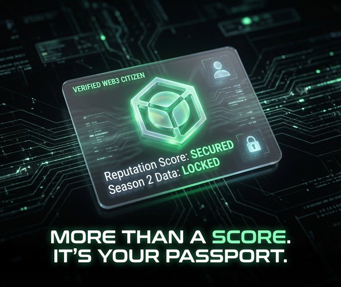 A futuristic green holographic 'VERIFIED WEB3 CITIZEN' card with a 'Reputation Score: SECURED' and 'Season 2 Data: LOCKED', captioned 'MORE THAN A SCORE. IT'S YOUR PASSPORT.'