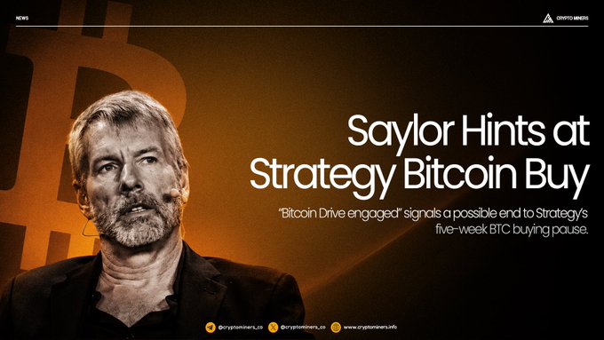 A news graphic featuring Michael Saylor with the headline 'Saylor Hints at Strategy Bitcoin Buy' and a subtitle about Bitcoin Drive engaging.