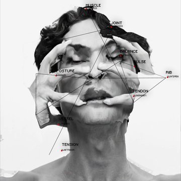 A black and white photo of a man's face with geometric lines overlaying it, with labels such as "MUSCLE," "JOINT," "PULSE," "TENDON," and "TENSION" (annotated as 'ARTWORK').