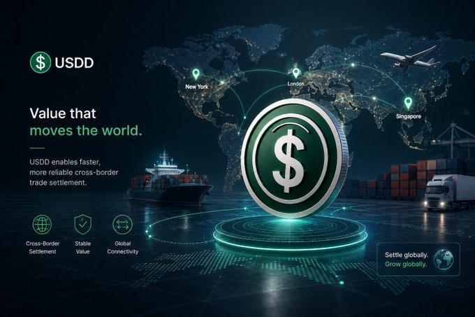 A promotional graphic for USDD cryptocurrency featuring a glowing green coin with a dollar sign, the tagline 'Value that moves the world,' and labels for Cross-border Settlement, Stable Value, and Global Connectivity, alongside a world map and shipping imagery.