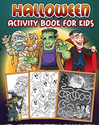 The cover of a 'HALLOWEEN ACTIVITY BOOK FOR KIDS' features cartoon characters including a mummy, Frankenstein's monster, a vampire, and a witch, along with sample activity pages.