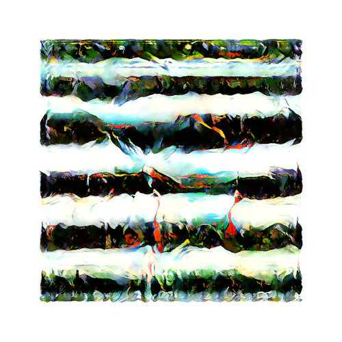 An abstract digital artwork titled "✧ Abstract 010 ✧" by mikedotalmond, featuring horizontal bands of green, black, white, and teal with vibrant accents of red and yellow, sold to pixelrunner for 0.45 ETH ($2,311.88) as noted in the post.