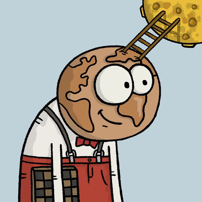 Cartoon illustration of an anthropomorphic Earth character with a smiling face, wearing red overalls, a white shirt, and a red bow tie, climbing a ladder toward a yellow moon in a light blue sky.