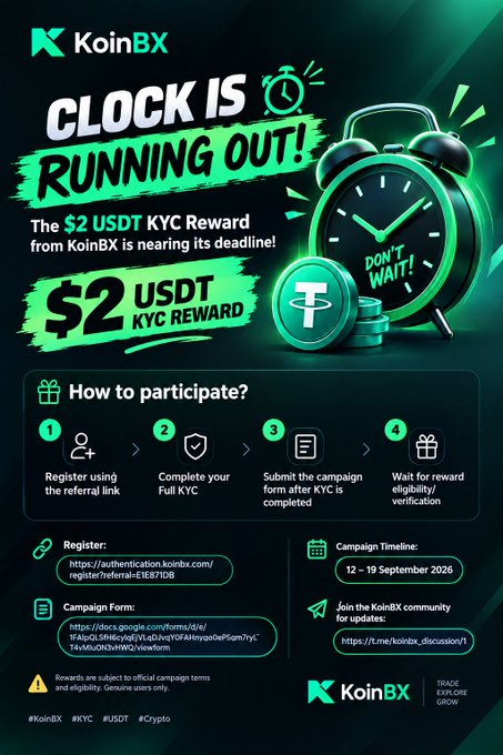 A promotional graphic for KoinBX cryptocurrency exchange advertising a $2 USDT KYC reward campaign ending September 12-19, 2026, with instructions on how to participate and a registration link.