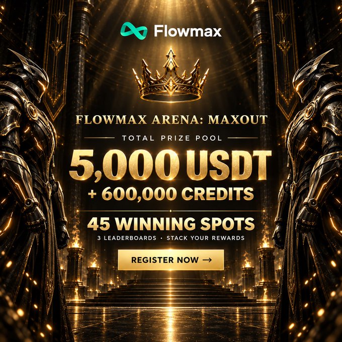 The image is a promotional banner for "Flowmax Arena: Maxout" featuring a golden crown and armored knights, advertising a total prize pool of 5,000 USDT plus 600,000 credits across 45 winning spots and 3 leaderboards with a "Register Now" call-to-action. The banner ties to the post by promoting the next season (S2) of Flowmax's trading competition, building on the successful conclusion of Season 1 and the rewards already distributed to the community.