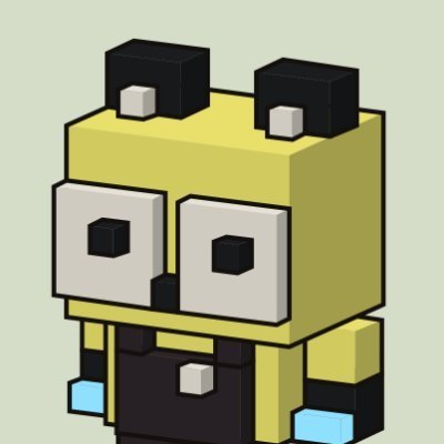 A pixel art illustration of a yellow cubic character with large square eyes, small black antennae, and a dark outfit against a pale green background.