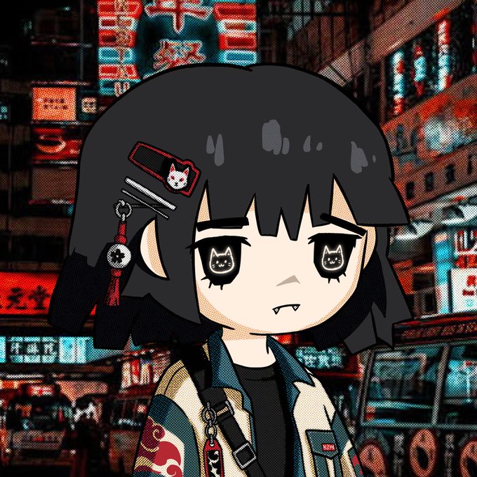 A chibi-style anime character with cat-themed hair clips and fangs stands in front of a neon-lit cyberpunk cityscape featuring Chinese signage. The image appears to be an original artwork likely created by or referencing @zumixlol, shared to promote collaboration submissions within a 24-hour window.