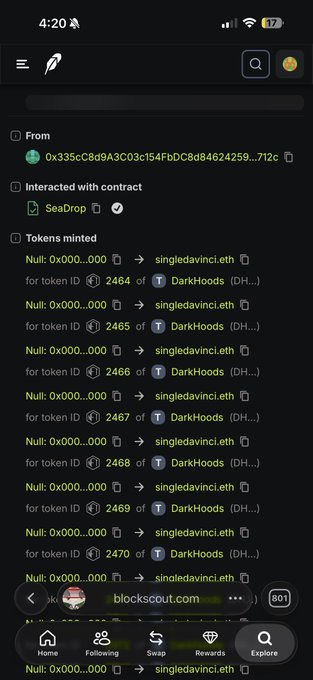 The image shows a blockchain transaction history displaying multiple NFT mints (Token IDs 2464-2470) of "DarkHoods" NFTs from contract "singledavin.eth" that appear to originate from a delegation contract ("SeaDrop") rather than directly from the user's address. This visual evidence supports the accompanying post's warning that the tokens were minted through a delegation contract to make it look like the user minted them, highlighting the importance of verifying the actual transaction sender before assuming responsibility for mints.